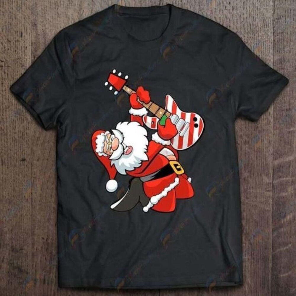 Santa Guitar Player Christmas Music Rock Holiday Graphic T-Shirt